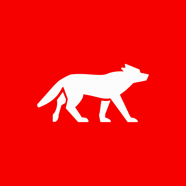 Silhouette of a walking white wolf on a red background.