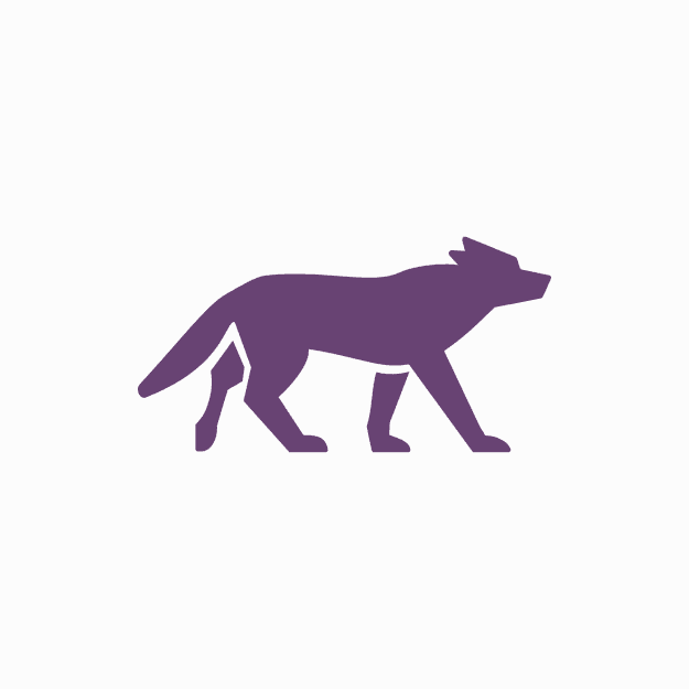 Purple silhouette of a walking canine on a white background.