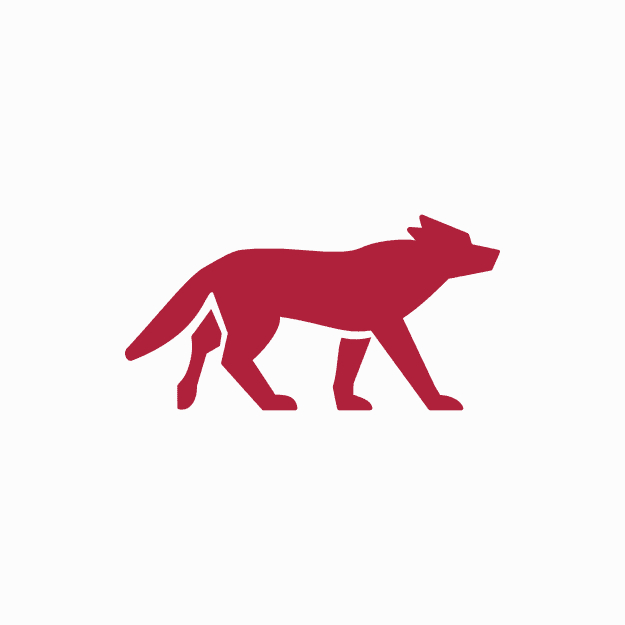 Silhouette of a maroon wolf walking on a white background.