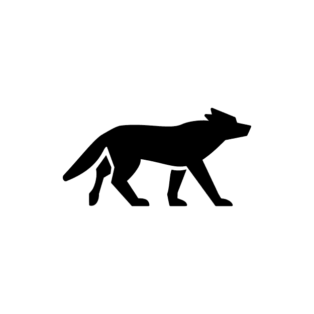 Silhouette of a wolf walking, depicted in black on a white background.